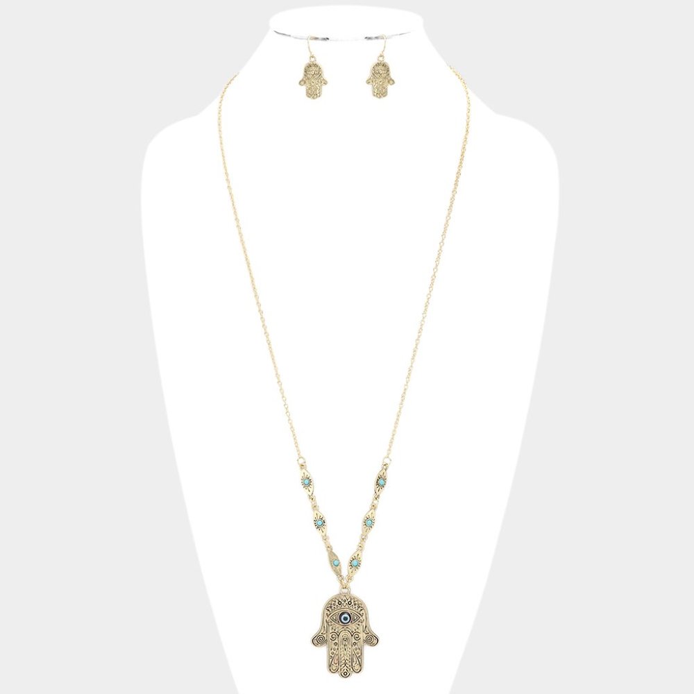 Hand  of Fatima Neckalce Gold Tone Antique finnish with Fatima Hamsa Earrings